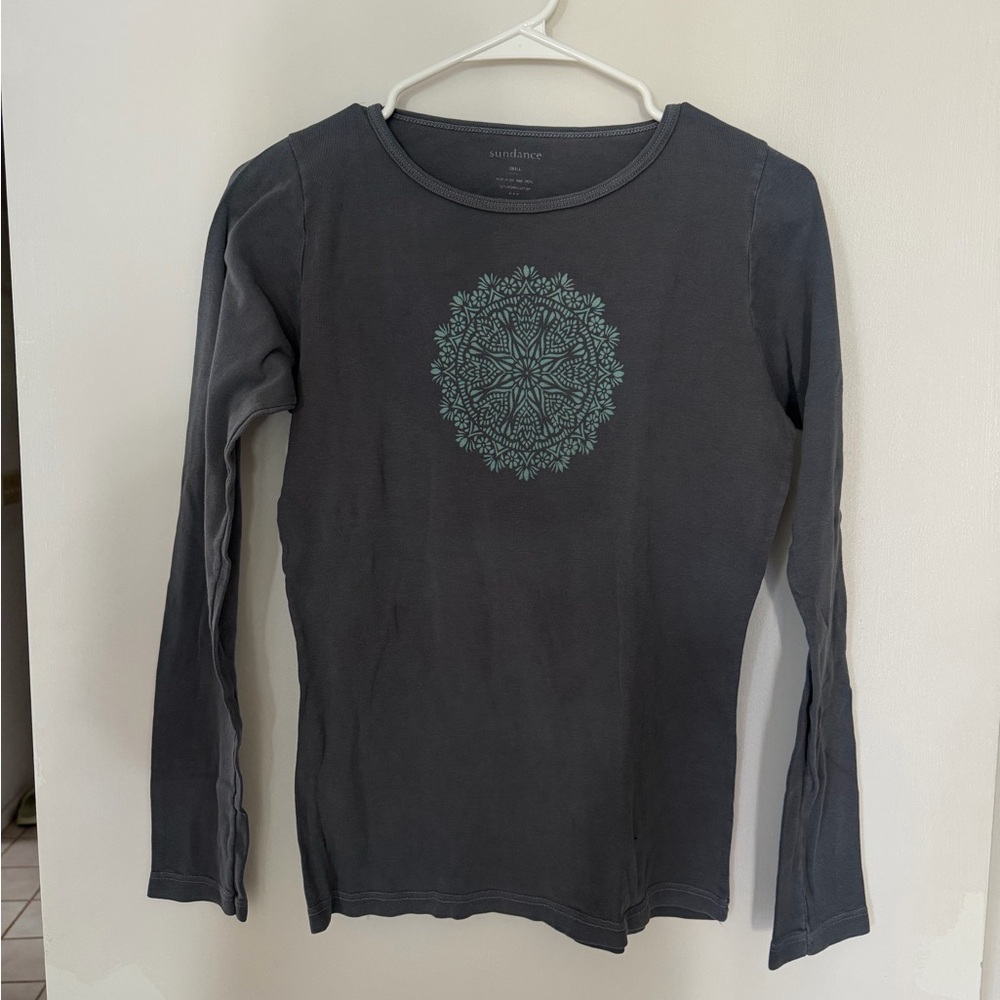 Sundance Slate Gray Long-Sleeve Tee with Teal Mandala Small Cotton